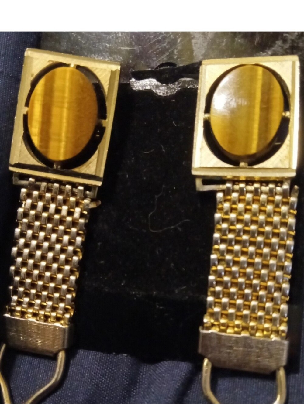 Gold-Tone Tiger's Eye Mesh-Link Men's Cufflinks Vintage 1970s